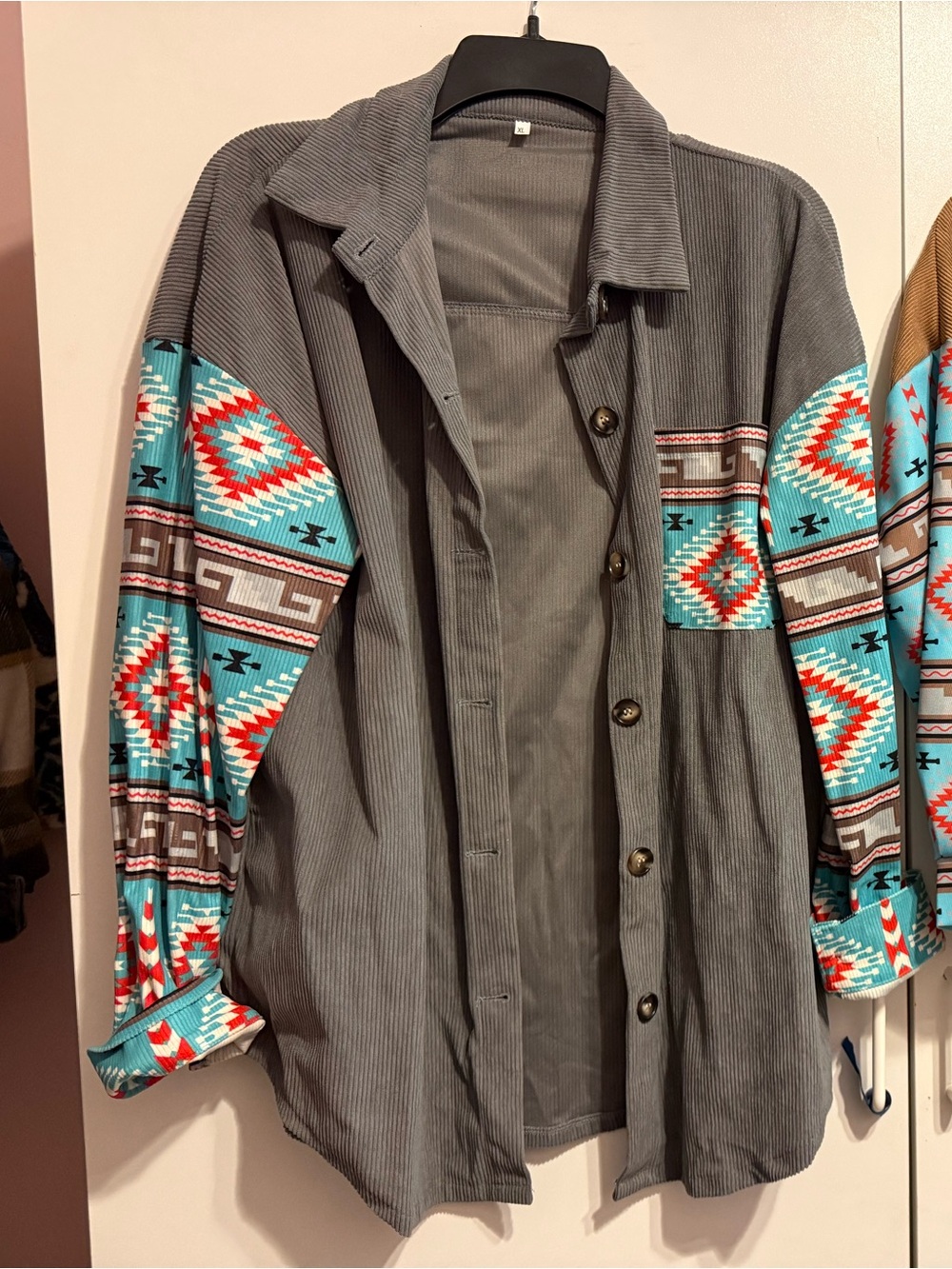 Women’s Grey Corduroy Shirt with Aqua Aztec Pocket - Unbranded